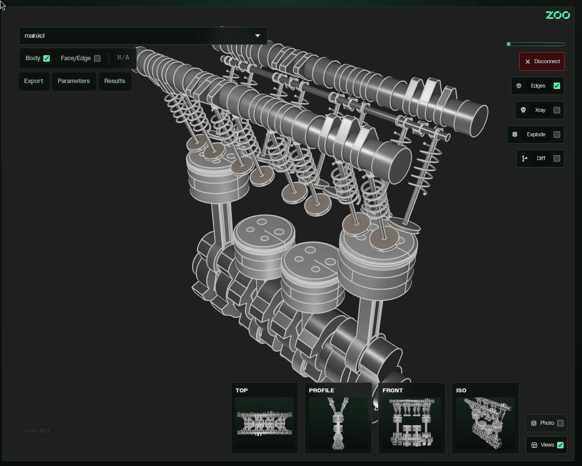 Zoo Viewer rendering a detailed engine model with viewer controls.